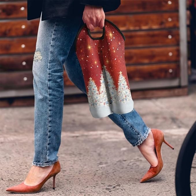 doginthehole 2 Bottle Wine Carrier Neoprene Wine Bottle Tote Red Silvery Xmas Tree Print Bottle Holder for Travel Picnic Portable Wine Champagne Bottles Bag for Christmas Party