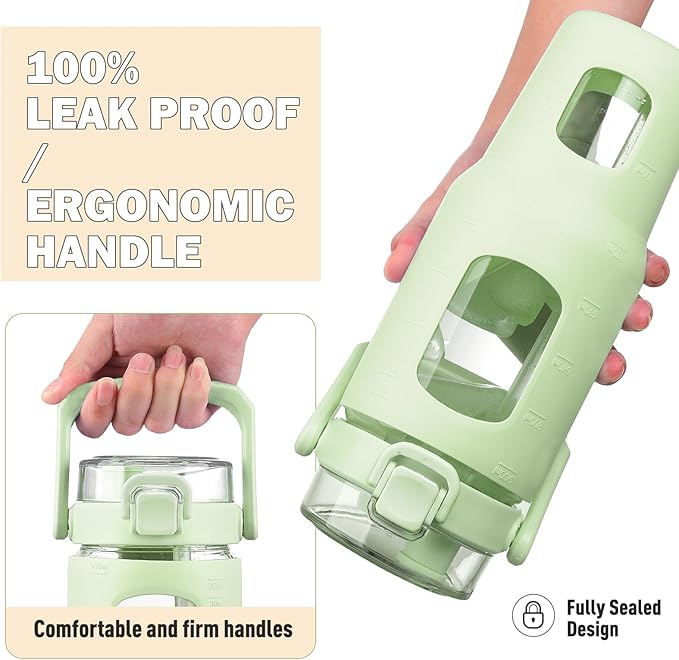 BLUEGO 32oz Glass Water Bottle with Handle and Straw|Leakproof Sports Glass Bottle with Time Marker and Silicone Sleeve|Glass Drinking Bottle for Travel, Gym, Workout, Green