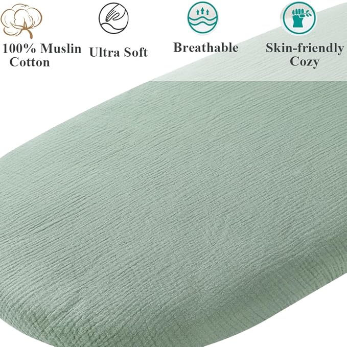 Muslin Bassinet Sheet Compatible with Snoo Smart Sleeper, Dream On Me Lacy Portable, Safety 1st Sleeper Bassinet, 2 Pack Cotton Fitted Bassinet Sheets for Baby Roman Green & Botanical Leaf
