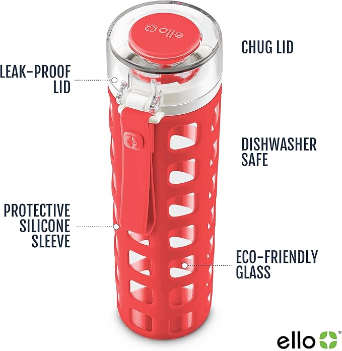 Ello Syndicate Glass Water Bottle with One-Touch Flip Lid and Protective Silicone Sleeve and Carry Loop, BPA Free, Dishwasher Safe,20oz