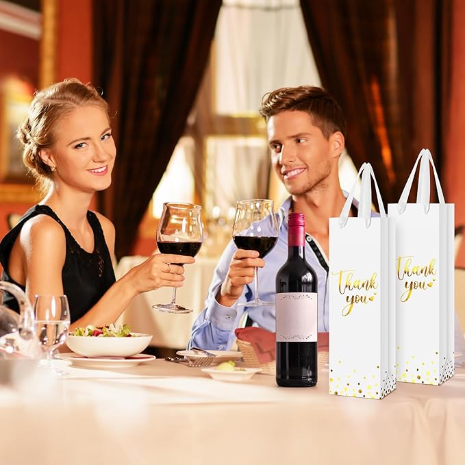 Ctosree 30 Pcs Wine Gift Bag for Wine Bottle Wedding Wine Thank You Gift Bag with Metallic Gold Foil Print Kraft Wine Paper Favor Bag with Attractive Rope Handle for Graduation Bottle(White)