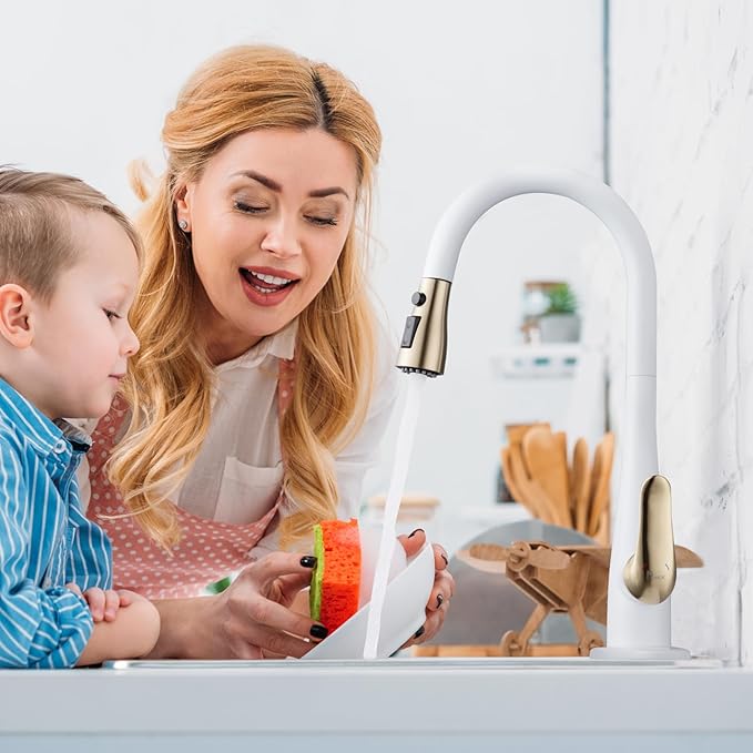 Kitchen Faucet with Soap Dispenser and Pull Down Sprayer - Stainless Steel Single Handle Kitchen Sink Faucet, 1 or 3 Hole Design for Modern Farmhouse Kitchens, Rv, and Bar Sinks (Whit and Gold)