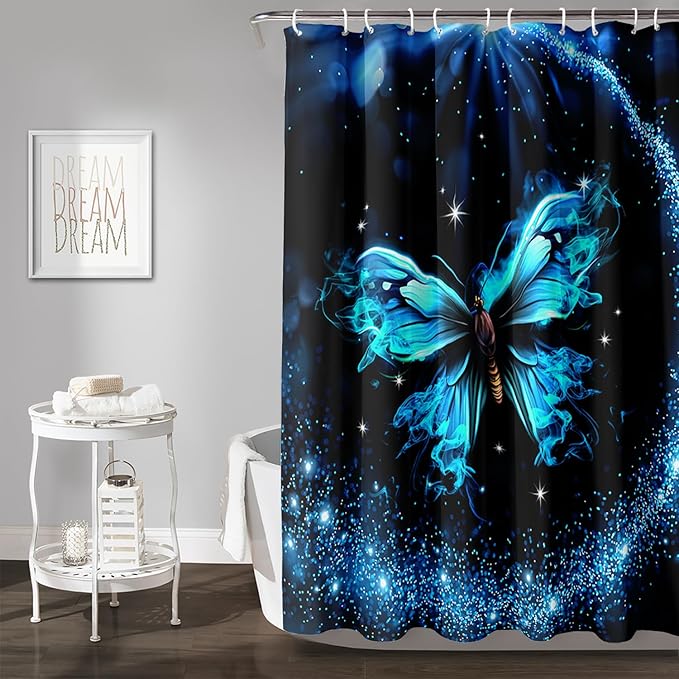 AILONEN Butterfly Shower Curtain Bathroom 72" W*72" H Sparkly Blue Butterflies Curtain Cloth Fabric Bathroom for Girls Kids,Boho Style Shower Curtain Set