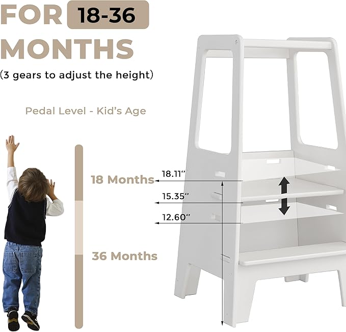 Toddler Standing Tower Wooden Toddler Stool for Kitchen Adjustable Toddler Tower, Winner 2023 of Contemporary Good Design, Montessori Kitchen Tools
