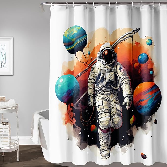 AILONEN Astronaut Shower Curtain for Bathroom,Planet Spaceman Bath Curtain for Kids Boys Teens,Universe Polyester Waterproof with 12 Plastic Hooks 72" W*78" H