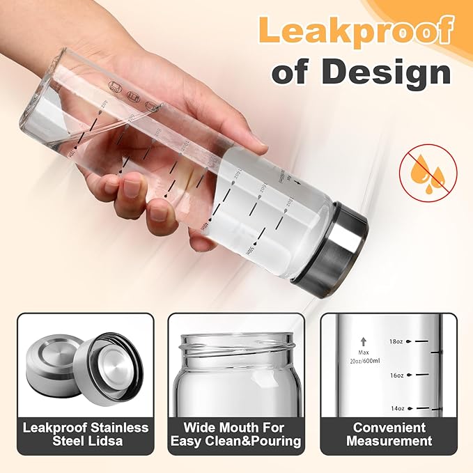 SIEROZUR Juice Bottles - 6 Pack Wide Mouth Glass Bottles with Lids - for Juicing, Smoothies, Infused Water, Beverage Storage - 20oz, BPA Free, Stainless Steel Lids, Leakproof, Reusable, Borosilicate