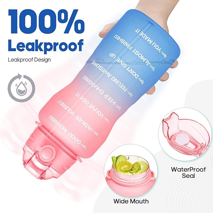 Water Bottles 1 / Half Gallon with Time Marker and Straw, Large Fitness Sports Motivational Bottle, Wide Mouth Leakproof and BPA Free for Travel, Gym,office,school