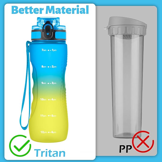 OLDLEY 25 oz Water Bottle, Motivational Water Bottle with Time Marker, Sports Water Bottle With Strap, Leakproof & BPA Free Large Water Bottles for School, Gym, Travel, Outdoor, Tritan,Yellow&Blue