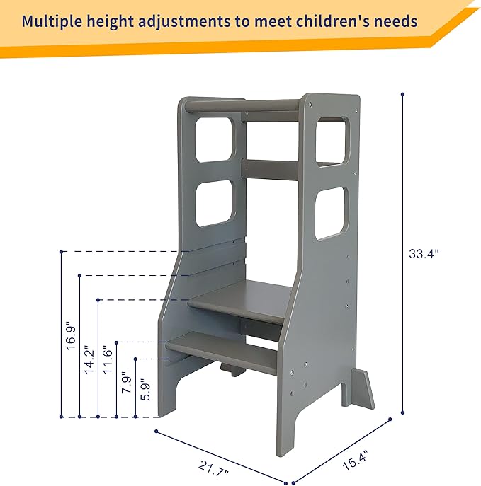 Damoch Family™ Kids Kitchen Step Stool with Anti-Drop Safety Rail,Toddler Standing Tower with CPC Certification,Patented Design (Grey)