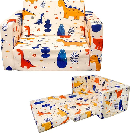 Kid Couch, Children's 2 in 1 Convertible Sofa to Lounger, Extra Soft Flip Open Chair Sofa Bed, Cute Star/Dinosaur Print Toddler Chair for Kids Girls Boys (Grass Dinosaur, Medium)