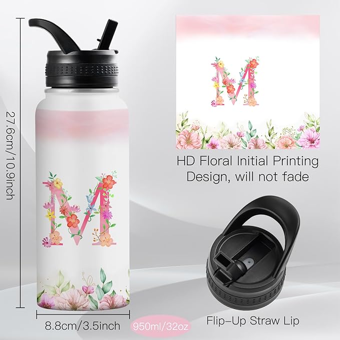 Personalized 32oz Water Bottle with Straw Customized Initial Letter Sport Bottles Monogrammed Initial Insulated Bottle Coffee Mug for Travel (M)