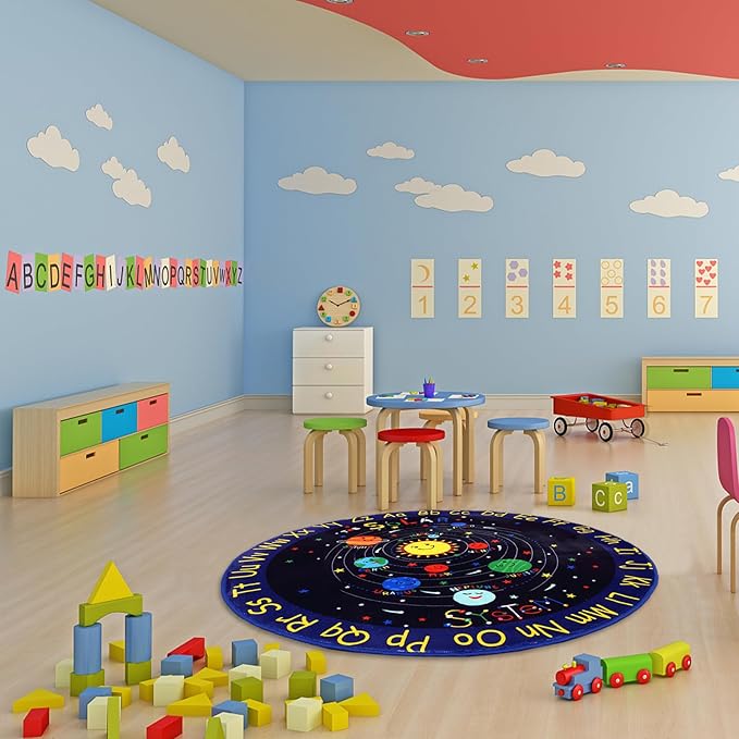 Kids Rug 4x4 Round Rug Solar System Pattern Nursery Rug Baby Soft Area Rug Non Shedding Carpet for Babyroom Play Room Non Slip Educational Rug Galaxy Outer Space Playmat, Blue Round 4'x4'