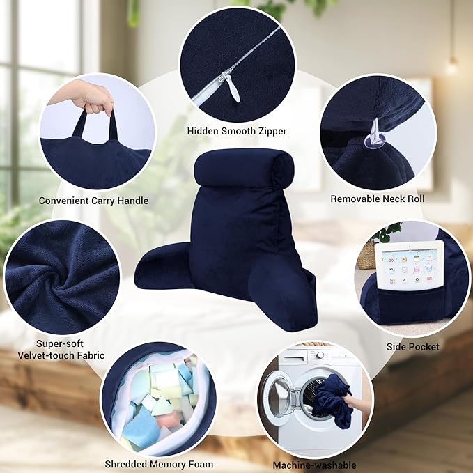 COOLBEBE Reading Pillow for Bed Backrest Pillow for Bed Sitting Up Adult with Arms Navy Back Support Pillow with Headrest & Pockets, Removable Washable Cover and Detachable Neck Roll(Standard 18")