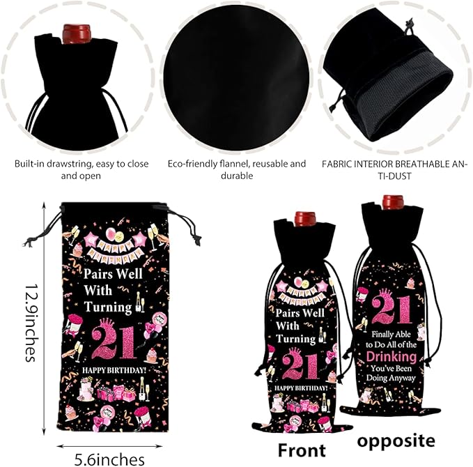 21st Birthday Gifts for Her Him Wine Bag, 21 Year Old Birthday Gifts for Her, Happy 21st Birthday Party Decorations for Her Him, Pairs Well with Turning 21 Wine Bags (Black Pink)