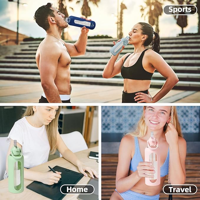 32 oz Glass Water Bottles with Straw Borosilicate Glass Water Bottle with Time Marker Motivational Water Bottles with Silicone Sleeve Leak Proof Reusable BPA Free