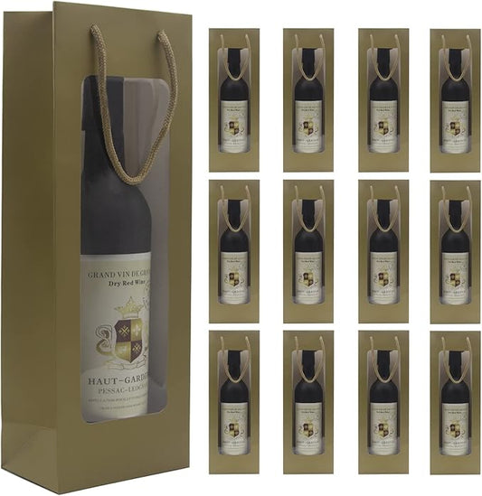 WAKAKO 12 Pcs Wine Gift Bags for Wine Bottles, Reusable Clear Window Wine Bottle Bags Bulk with Handles for Weddings, Valentine's Day, Birthday, Party, Graduations, Thanksgiving (gold)