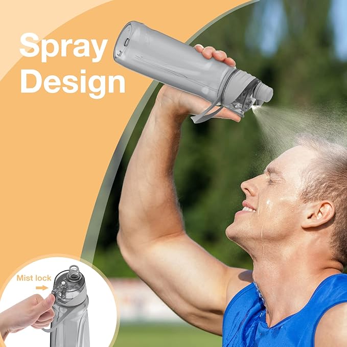 FEIJIAN Mist Water Bottle,32oz Sports Water Bottle with 2-IN-1 Mist & Sip Function, BPA-Free Plastic Water Bottles, Misting Water Bottle, Leakproof & Lightweight, Ideal for Fitness and Outdoor, Gray