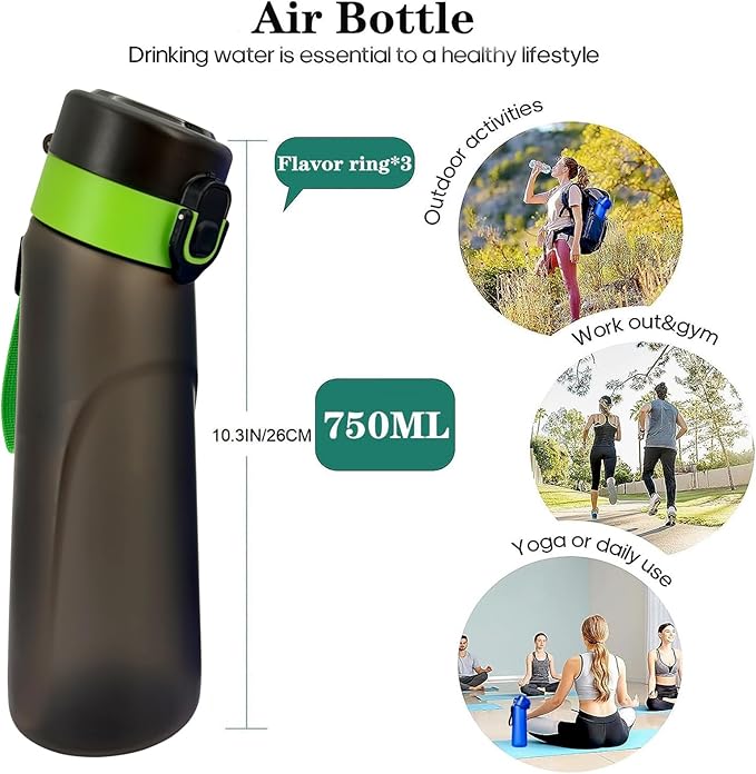 Air Water Bottle,750ML Scent Water Cup with 3 Flavour Pods,Leak Proof Sports Water Cup with Straw Suitable for Outdoor Sports,Gifts From Friends, Birthday Gifts (New Blackgreen + 3pods)