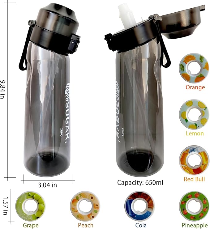Air Water Bottle,650ML Scent Water Cup with 7 Flavour Pods,Leak Proof Sports Water Cup with Straw Suitable for Outdoor Sports,Gifts From Friends, Birthday Gifts (Black)