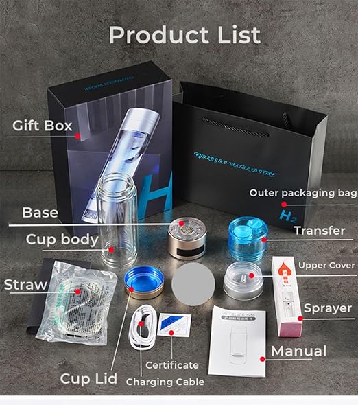 Hydrogen Water Bottle, 9000+ PPB Hydrogen Water, Food Grade Rechargeable Machine, Suitable for All Water, with Exhaust Hole, 3 Minutes and 18 Minutes Dual Mode, Gift Pack (Silver)