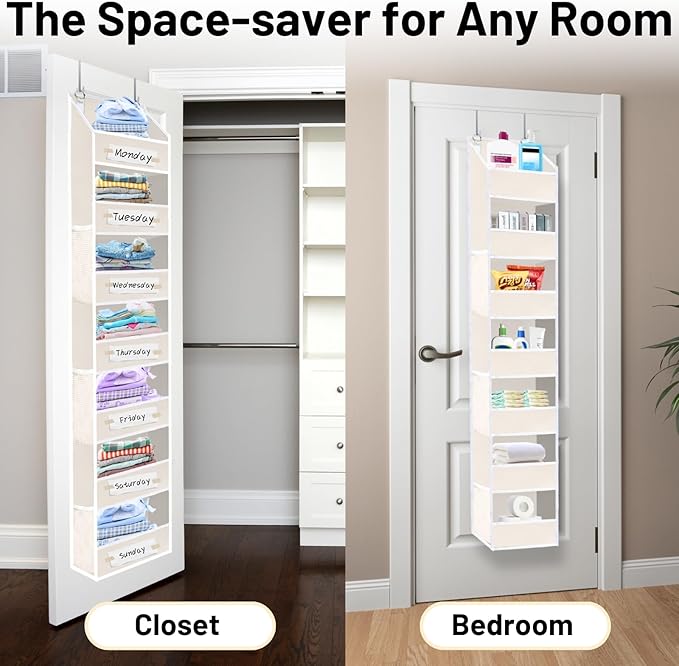 Over the Door Organizer 7 Tiers, No Tilt Closet Organizers and Storage for Bedroom, Weight Capacity of 50 lbs for Back of Door Organizers,Door Hanging Organizer for Closet,Diaper Organizer,Beige