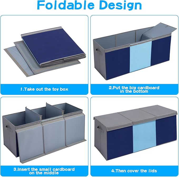 Large Toy Box Chest with Lid, Oxford Collapsible Sturdy Toy Storage Boxes Bins Baskets for Boys, Girls, Closet, Playroom, Nursery Room, 39"x15.5"x13" (Light Blue & Dark Blue)