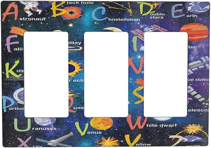 ABC Outer Space 3 Gang Rocker Light Switch Plate Alphabet Galaxy Educational Triple Decora Outlet Wall Plate Cover Faceplate Decorative Switchcovers GFCI for Kidroom Nursery Living Room Boyroom Decor