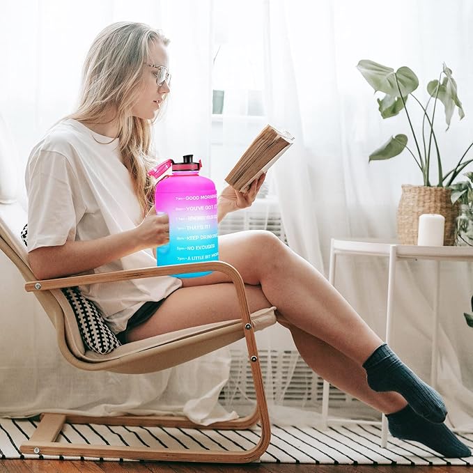 QuiFit 1 Gallon Water Bottle - 128 oz Water Bottle with Times to Drink - BPA Free Motivational Water Bottle with Infuser - Large Water Bottle - Sports Water Bottle 1 Gallon in Gym(Pink/Blue, 1 Gallon)