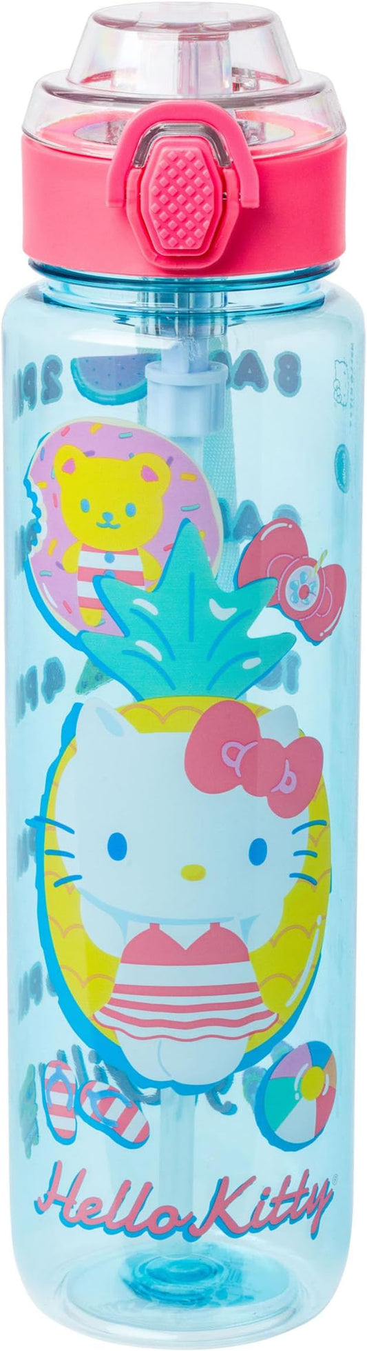 Silver Buffalo Sanrio Hello Kitty Pool Party Plastic Blue Water Bottle with Locking Lid, Strap, and Hydration Tracker, 33 Ounces