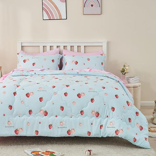 Wajade Kids Strawberry Comforter Set Bed in A Bag Twin Size 7 Piece Blue 3D Cute Strawberry Fruit Bedding Set for Girls Boys (1 Comforter, 1 Flat Sheet, 1 Fitted Sheet, 2 Pillowcase and 2 Pillow Sham)