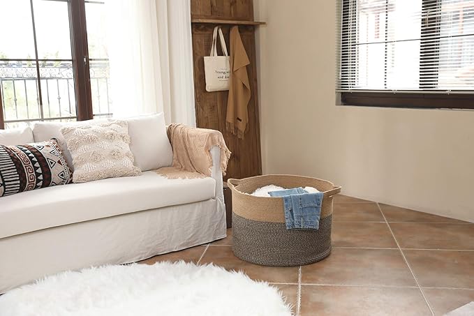 24" x 24" x 17" Max Size Large Cotton Rope Basket, Extra Large Storage Basket, Woven Laundry Hamper, Cloth Storage Bin, for Blankets Clothes Towels Pillows in Living Room, Jute/Black Mix