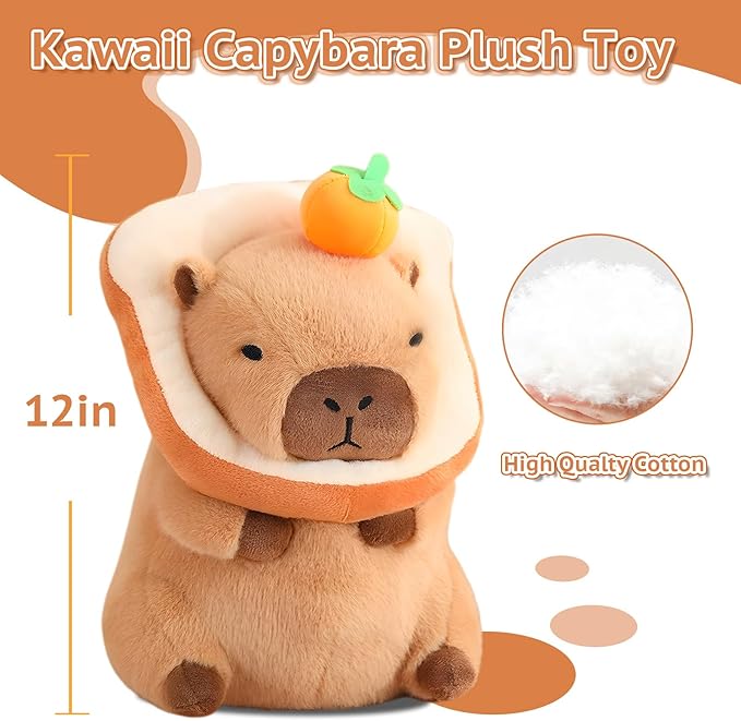 Cute Capybara Plush Pillow with Bread Kawaii Soft Orange Capybara Stuffed Aniamls Capybara Plush Toys Hugging Gifts Kids Girls Boys 12 inch