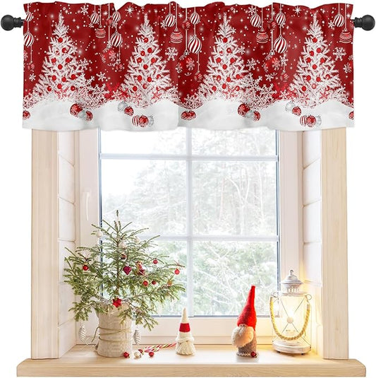 Red Christmas Valance Curtains for Kitchen Windows White Xmas Tree Snowflakes Red Balls Rod Pocket Window Treatment Toppers for Kitchen/Living Room/Bedroom/Bathroom, 42" X 12", Winter