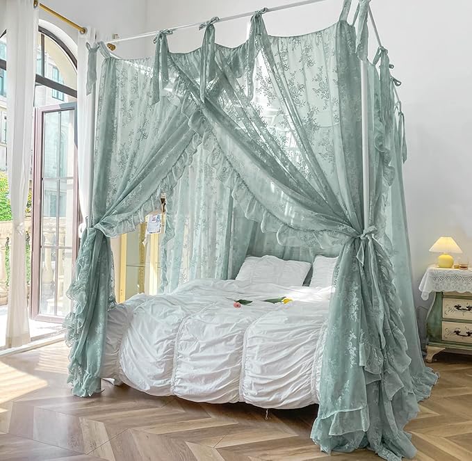 Mengersi Canopy Bed Curtains with Tie Backs,Bed Canopy Curtains Bed Drapes Sheer Lace Curtains for Bedroom Decor（Queen,Sage Green