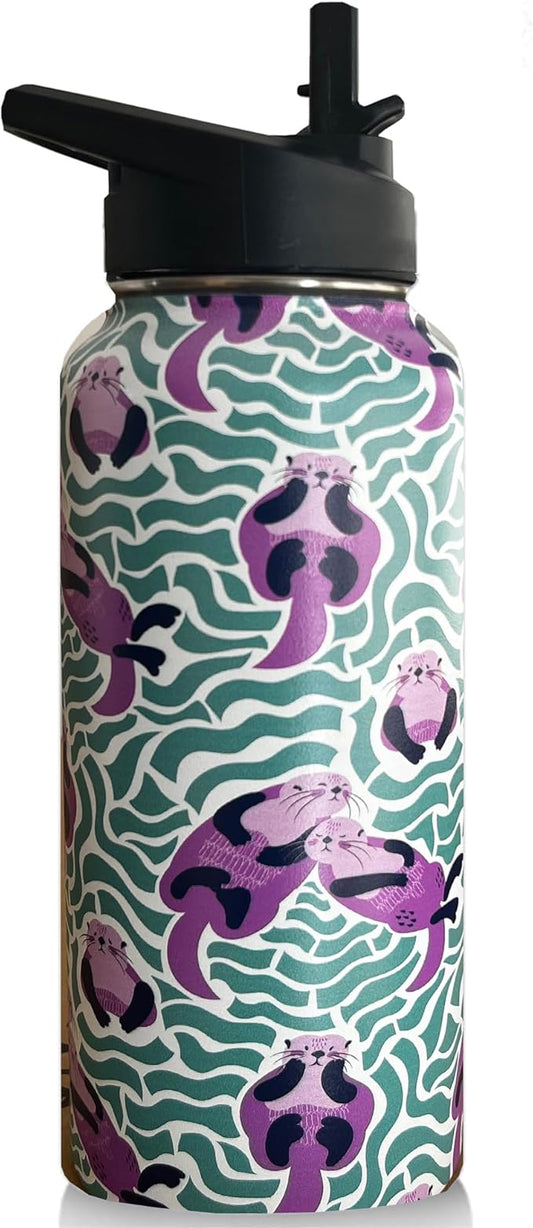 32 oz Sea Otter Water Bottle Insulated Vacuum Stainless Steel Sports Water Bottle with 2 Lids (Straw and Spout Lid) for Gym Camping Hiking