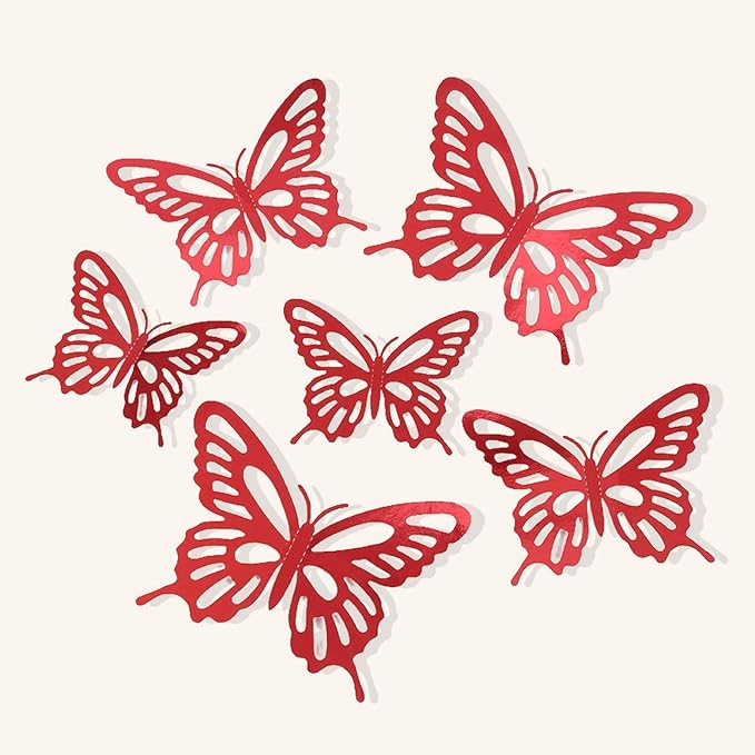 72Pcs 3D Butterfly Wall Decor 3 Sizes 3 Styles, Butterfly Decorations Party Birthday Cake Decoration, Removable Butterfly Wall Stickers for Kids Nursery Wedding Bedroom Room Decor(Red)