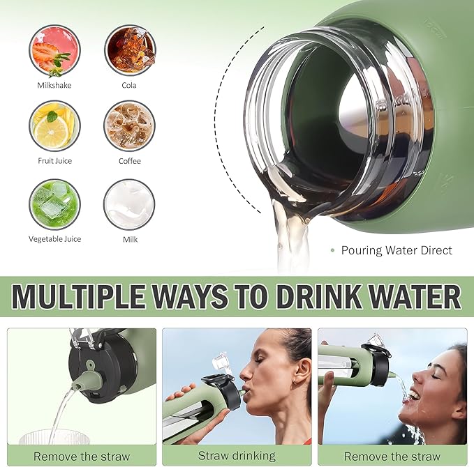 Kodrine Water Bottle With Straw and Carry Handle, Glass Water Bottle 24 oz Leak Proof Locking Lid with Soft Silicone Spout, Small Clear Water Bottle, Travel Sports Water Jug, Time Marker, Olive