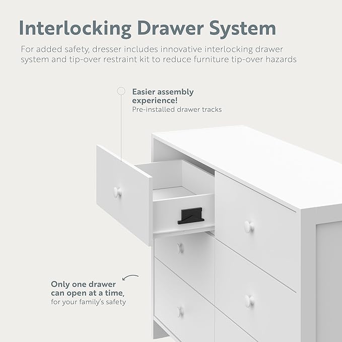 Storkcraft Calabasas 6 Drawer Dresser (White) - GREENGUARD Gold Certified, 6 Drawer Dresser with Interlocking Drawer System, Dresser Drawer Organizer for Kids' Bedroom
