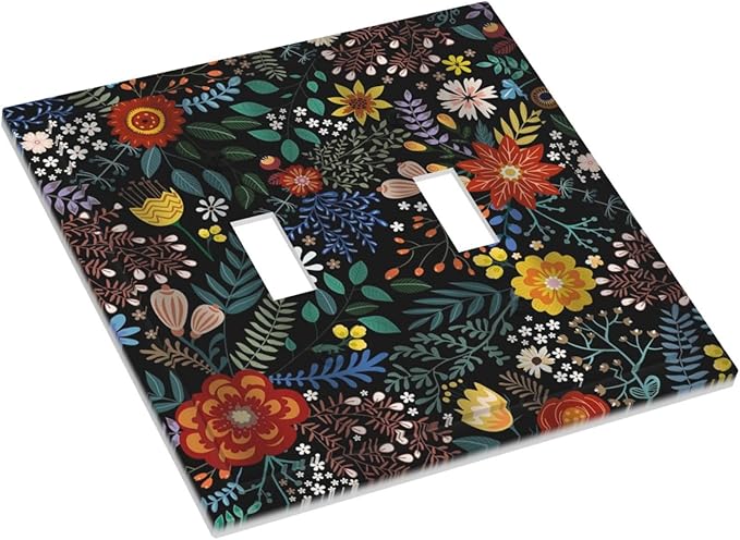 Colorful Flower Boho Floral Rustic Dark Leaves Double Toggle Light Switch Covers 2 Gang Wall Plate Dual Decorative Switchplate Electrical Faceplate for Farmhouse Country Bedroom Kitchen Decor