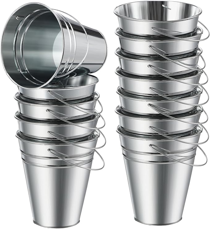 Sadnyy 12 Pack Metal Buckets with Handle, Galvanized Bucket 4.5 x 5 Inch Basket Bucket for Kids, Kids Party Supplies, Crafts for Christmas Halloween Christmas Candy Bars Vase Crafts(Silver)