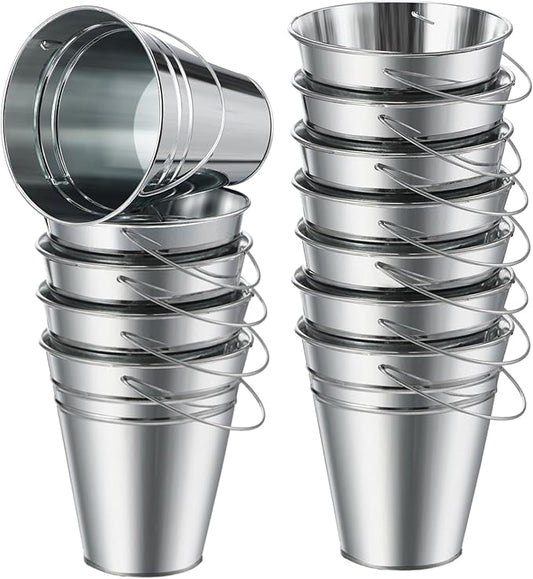 Sadnyy 12 Pack Metal Buckets with Handle, Galvanized Bucket 4.5 x 5 Inch Basket Bucket for Kids, Kids Party Supplies, Crafts for Christmas Halloween Christmas Candy Bars Vase Crafts(Silver)