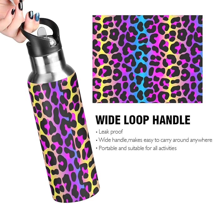 senya 34 Oz Water Bottle with Straw Leopard Print Cheetah Neon Gradient Stainless Steel Water Bottle for Traveling Sports Leakproof Insulated Water Bottle