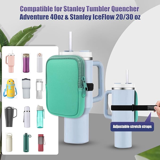 Water Bottle Pouch for Stanley Quencher Adventure 40oz & Stanley IceFlow 20oz 30oz, Gym Water Bottle Pouch for Stanley Cup 40oz,Workout Outdoor Tumbler Pocket for Phone, Card, Keys (Green)