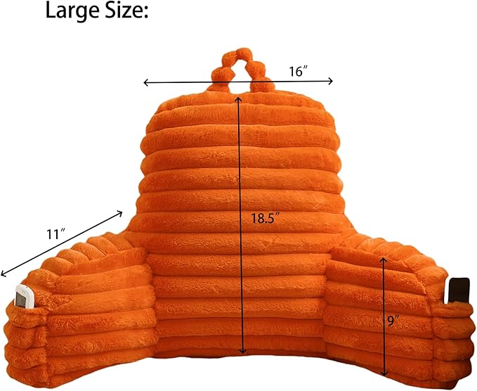 WERDIM Reading Pillow for Sitting in Bed, Faux Fur Back Pillow for Bed Rest, Bed Chair Pillow with Arms and Pockets(Large, Orange)