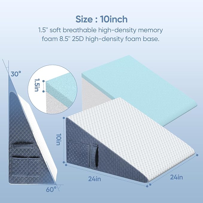 Wedge Pillow for Sleep Apnea, 2024 New 10'' Bed Wedge Pillow, Acid Reflux, Heartburn, GERD, Neck Pain, Cooling Memory Foam Top, Removable Washable Cover Incline Pillow for Improved Sleep