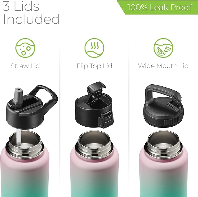 SipX™ Triple-Insulated Stainless Steel Water Bottle 32oz. With 3 Lids, BPA-Free Reusable Insulated Water Bottle Keeps Cold 24 Hours, Metal Water Bottle Made Of Sustainable Material For Hiking & Biking
