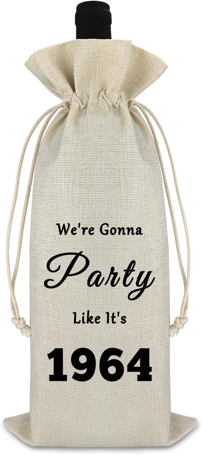 60th Birthday Gift for Women Men Wine Bag 60th Birthday Present Idea for Mom Dad 60 Year Old Turning 60 Gift for Wife Grandma Friend Wine Gift Bag Drawstring Burlap Wine Wrap Bag Birthday Party Decors
