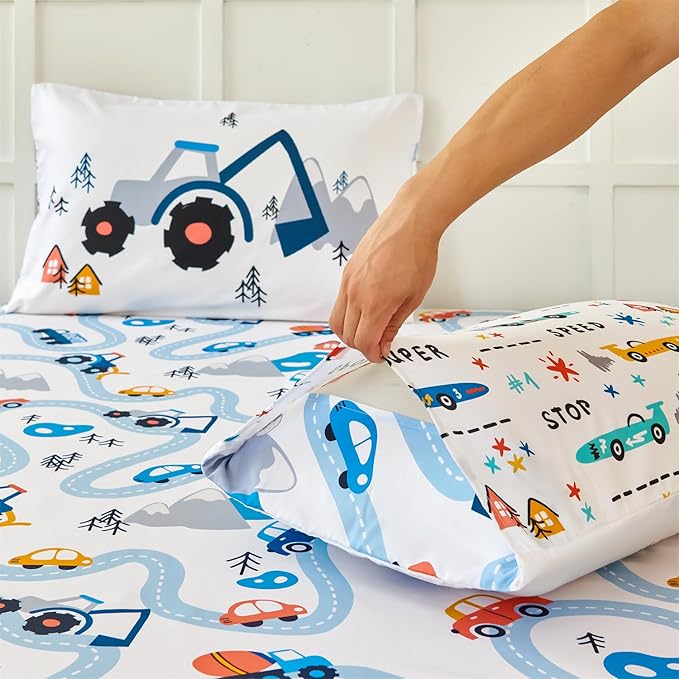 RYNGHIPY Kids Twin Bed Sheets: Cars Print Sheets Set for Boys - Breathable Wrinkle Free Microfiber Flat Sheet Fitted Sheet and Pillowcase (White,Twin)