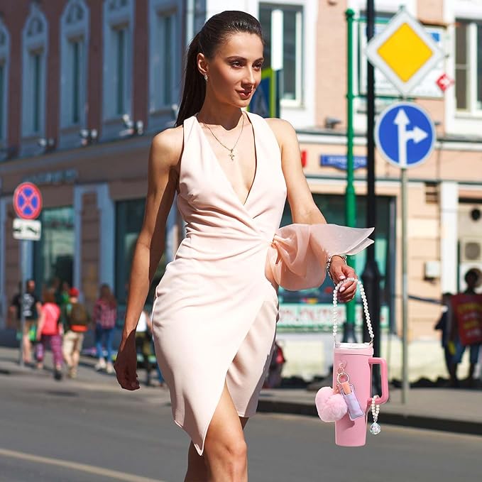 Water Bottle Accessories Set with Silicone Water Bottle Handle with Strap Hanging Charms Compatible with Stanley Cup(Pink)