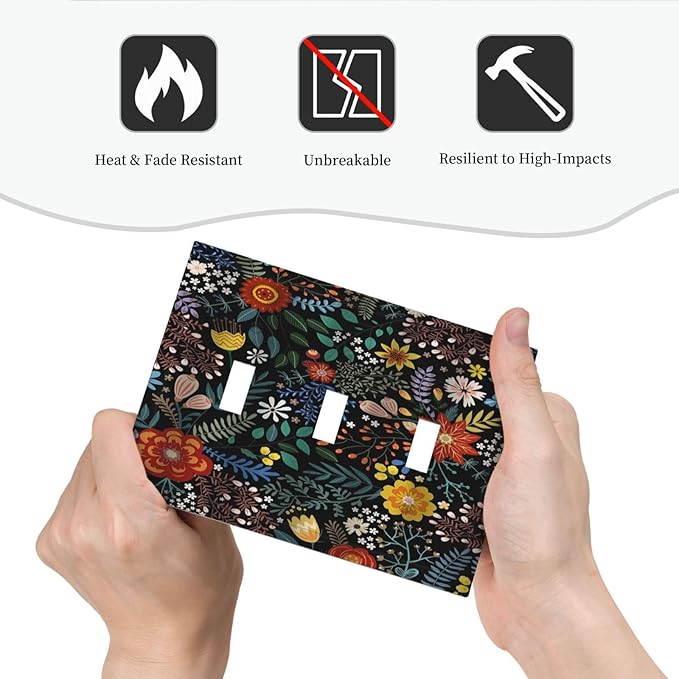 Vintage Colorful Flower Boho Floral Rustic Dark Leaves 3 Gang Light Switch Covers Triple Toggle Wall Plate Decorative Switchplate Electrical Faceplate for Farmhouse Country Bedroom Decor